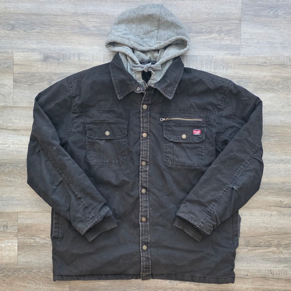 Wrangler Black Hooded Canvas Workwear Jacket Mens Rugged XL <3